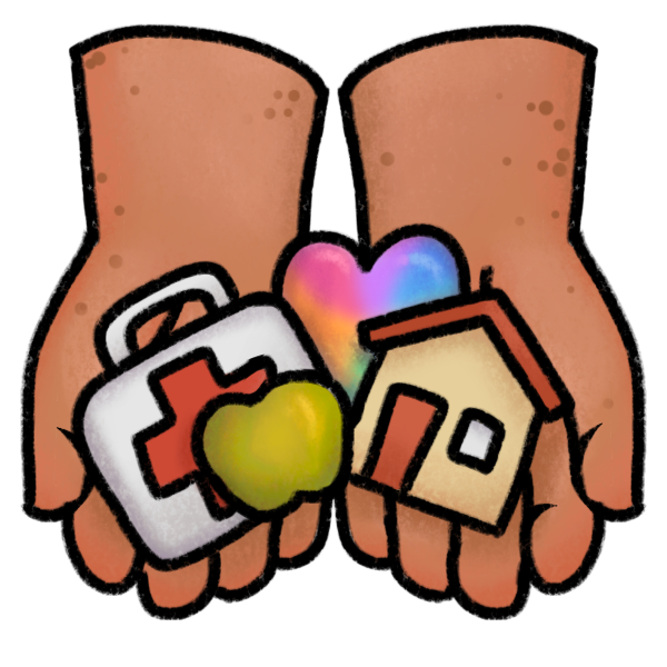 A pair of hands viewed from above, offering a green apple, a first aid kit, a small house, and a rainbow heart. 